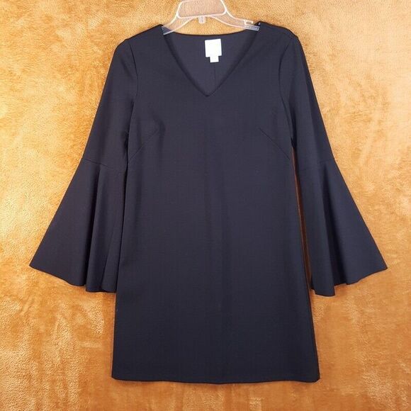CECE Womens Dress Size 4 Black Shift Wide Bell Sleeve Pullover VNeck LBD Stretch - Picture 1 of 9